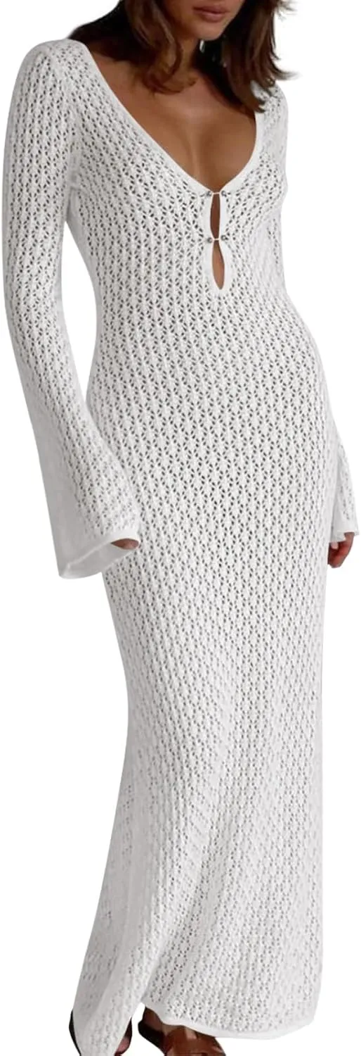 Saodimallsu Womens Crochet Maxi Cover Up Dress Beach Swim Vacation Coverups Long Sleeve Sexy Bodycon Summer Knit Dresses