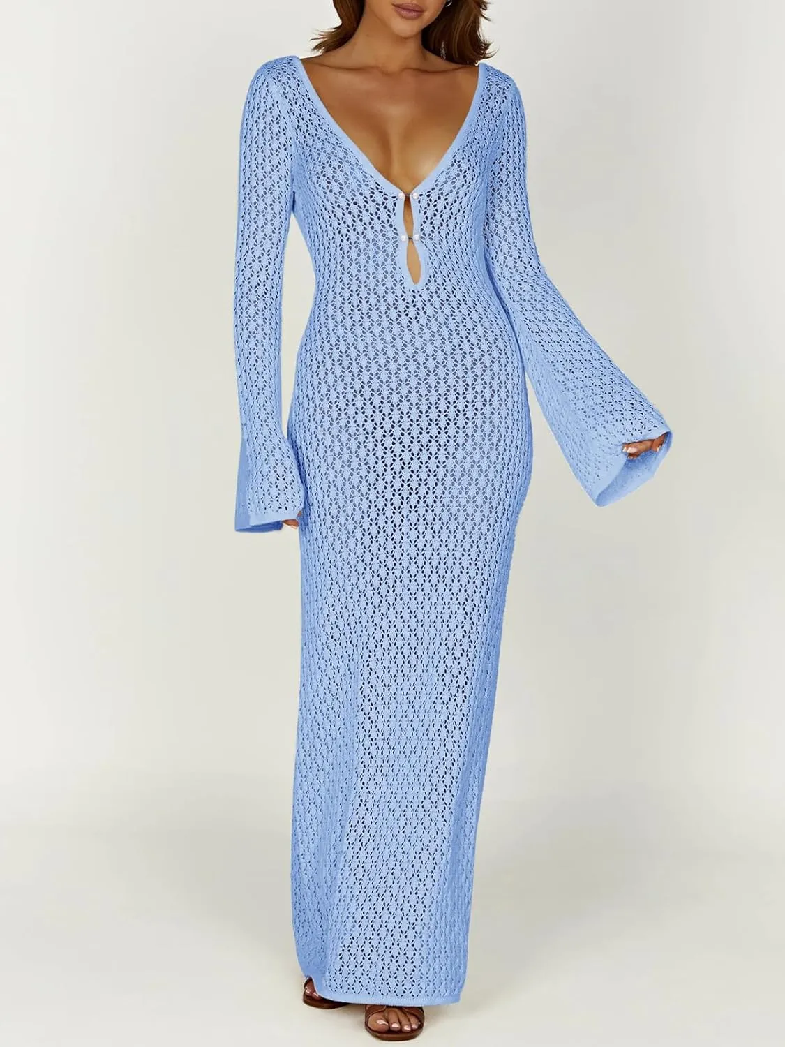 Saodimallsu Womens Crochet Maxi Cover Up Dress Beach Swim Vacation Coverups Long Sleeve Sexy Bodycon Summer Knit Dresses