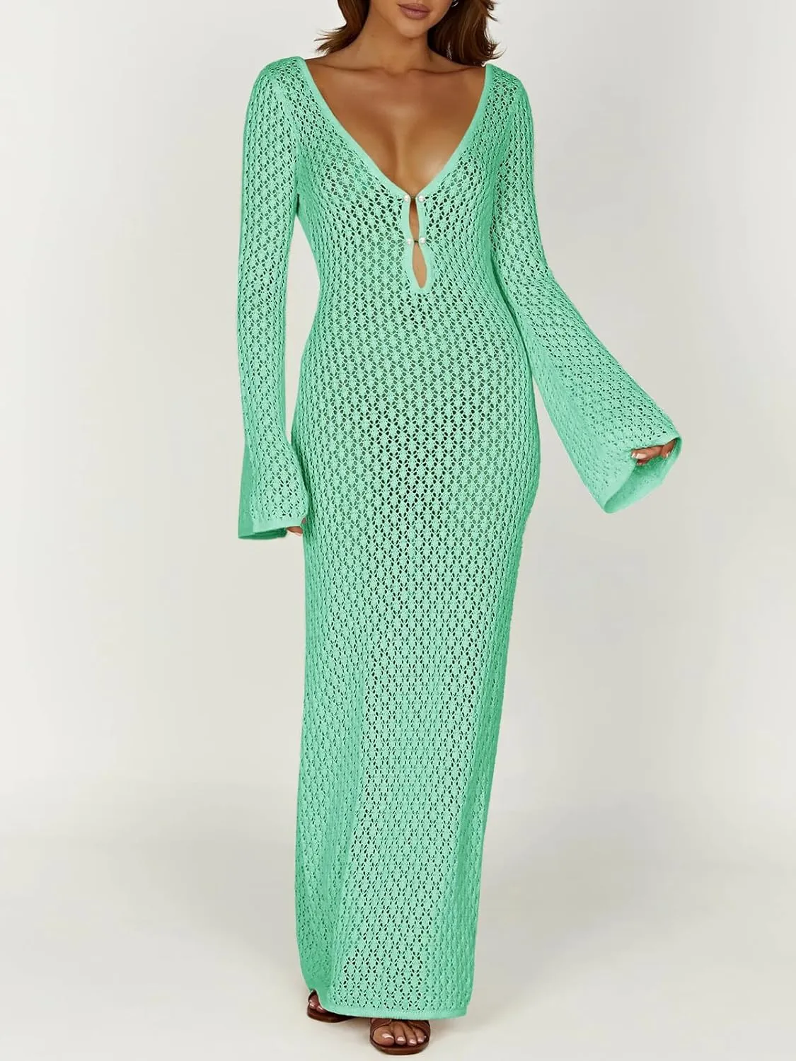 Saodimallsu Womens Crochet Maxi Cover Up Dress Beach Swim Vacation Coverups Long Sleeve Sexy Bodycon Summer Knit Dresses