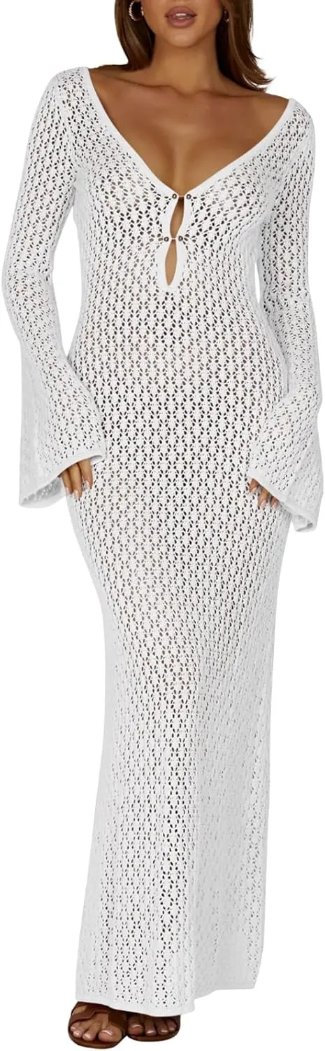 Saodimallsu Womens Crochet Maxi Cover Up Dress Beach Swim Vacation Coverups Long Sleeve Sexy Bodycon Summer Knit Dresses