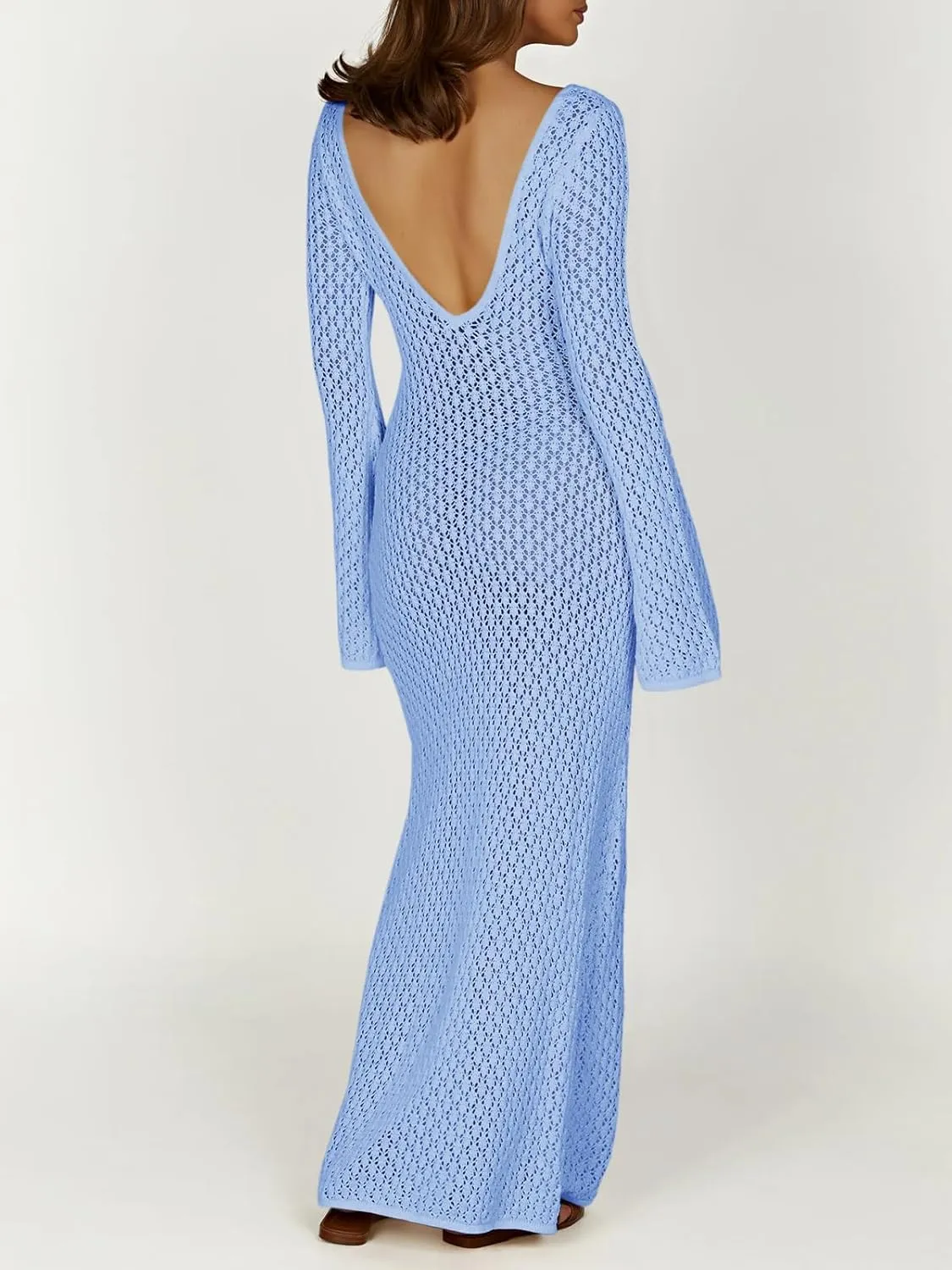 Saodimallsu Womens Crochet Maxi Cover Up Dress Beach Swim Vacation Coverups Long Sleeve Sexy Bodycon Summer Knit Dresses