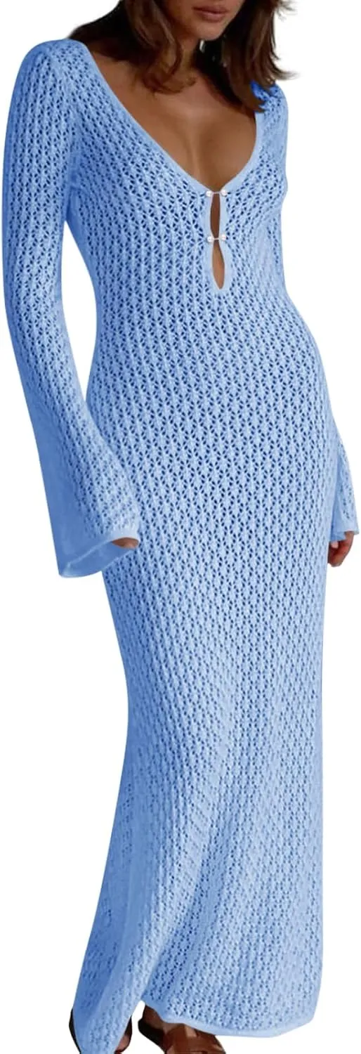 Saodimallsu Womens Crochet Maxi Cover Up Dress Beach Swim Vacation Coverups Long Sleeve Sexy Bodycon Summer Knit Dresses