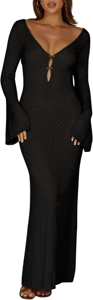 Saodimallsu Womens Crochet Maxi Cover Up Dress Beach Swim Vacation Coverups Long Sleeve Sexy Bodycon Summer Knit Dresses