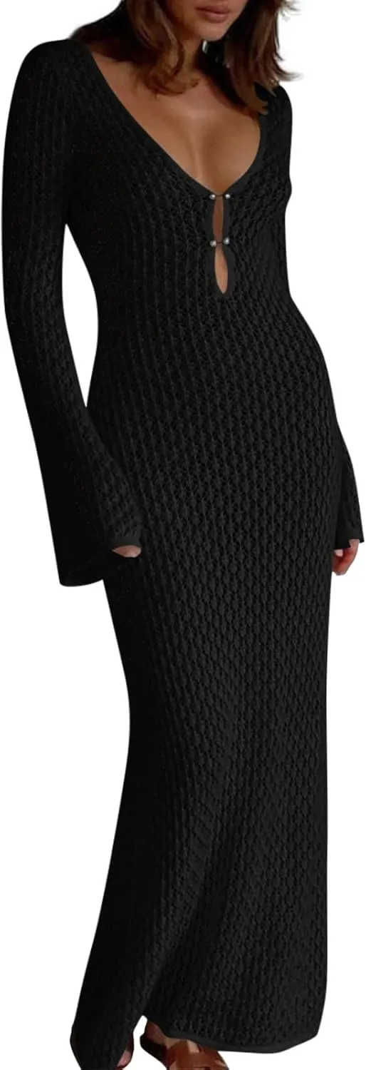 Saodimallsu Womens Crochet Maxi Cover Up Dress Beach Swim Vacation Coverups Long Sleeve Sexy Bodycon Summer Knit Dresses