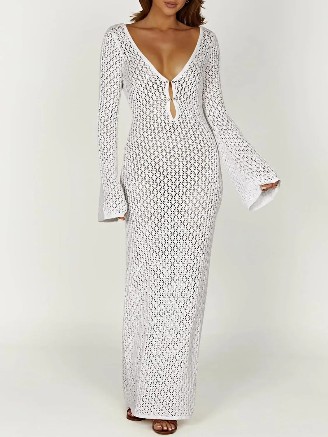 Saodimallsu Womens Crochet Maxi Cover Up Dress Beach Swim Vacation Coverups Long Sleeve Sexy Bodycon Summer Knit Dresses