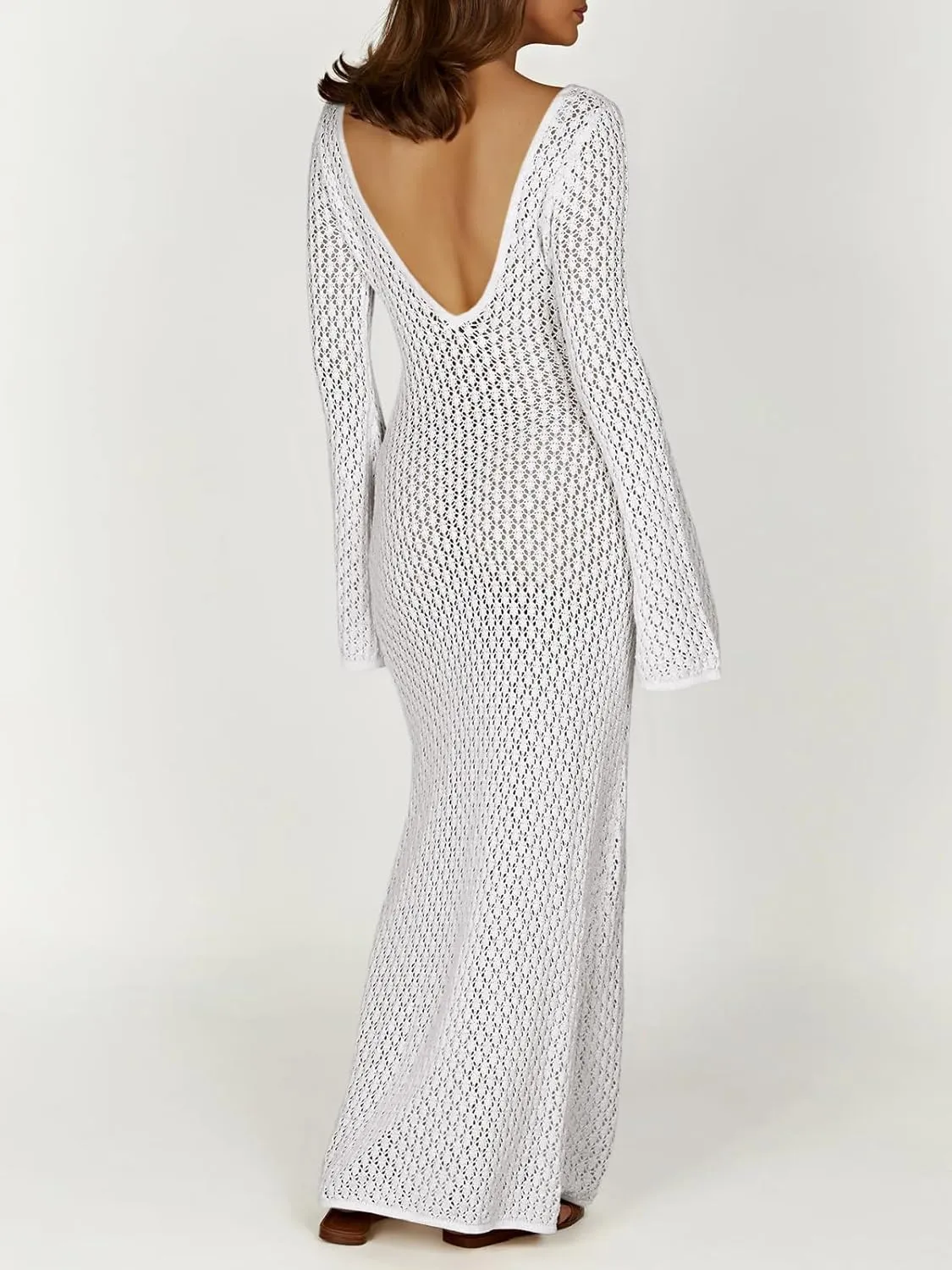Saodimallsu Womens Crochet Maxi Cover Up Dress Beach Swim Vacation Coverups Long Sleeve Sexy Bodycon Summer Knit Dresses