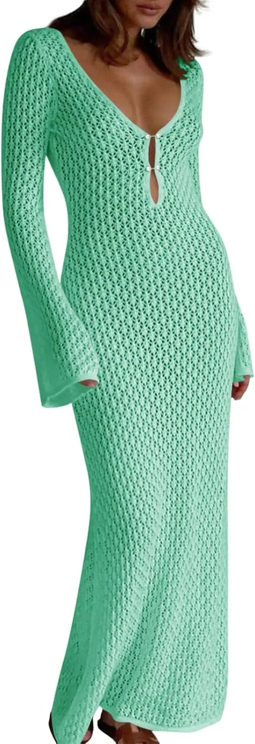 Saodimallsu Womens Crochet Maxi Cover Up Dress Beach Swim Vacation Coverups Long Sleeve Sexy Bodycon Summer Knit Dresses