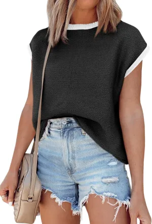 Saodimallsu Womens Summer Cap Sleeve Knit Tops Casual Sleeveless Sweater Vest Crew Neck Color Block 2025 Trendy Tank Top