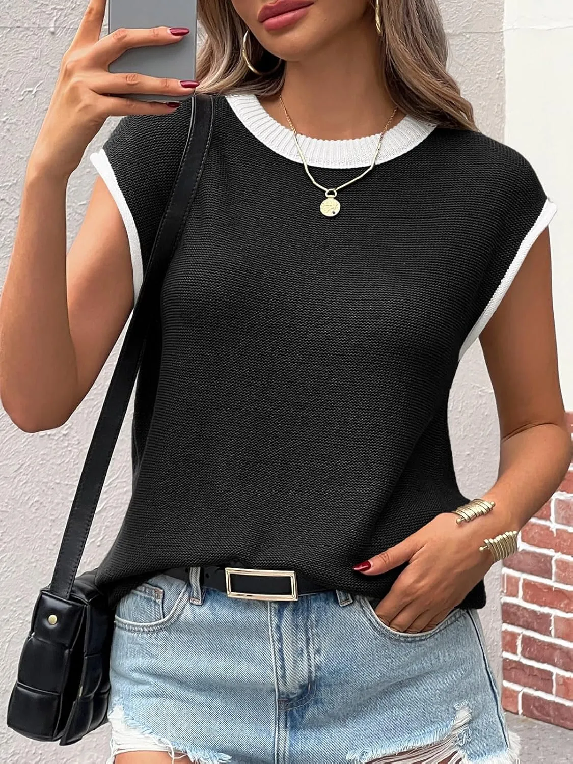 Saodimallsu Womens Summer Cap Sleeve Knit Tops Casual Sleeveless Sweater Vest Crew Neck Color Block 2025 Trendy Tank Top