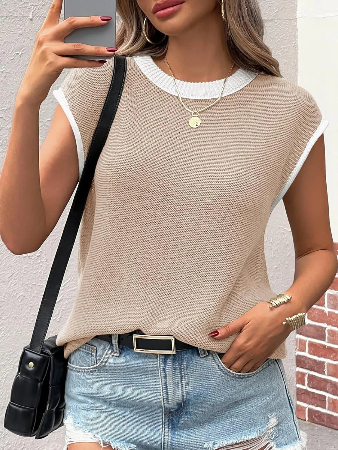 Saodimallsu Womens Summer Cap Sleeve Knit Tops Casual Sleeveless Sweater Vest Crew Neck Color Block 2025 Trendy Tank Top