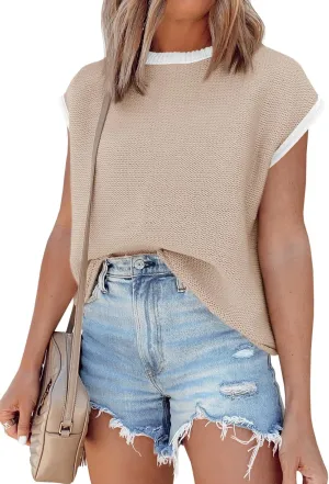 Saodimallsu Womens Summer Cap Sleeve Knit Tops Casual Sleeveless Sweater Vest Crew Neck Color Block 2025 Trendy Tank Top