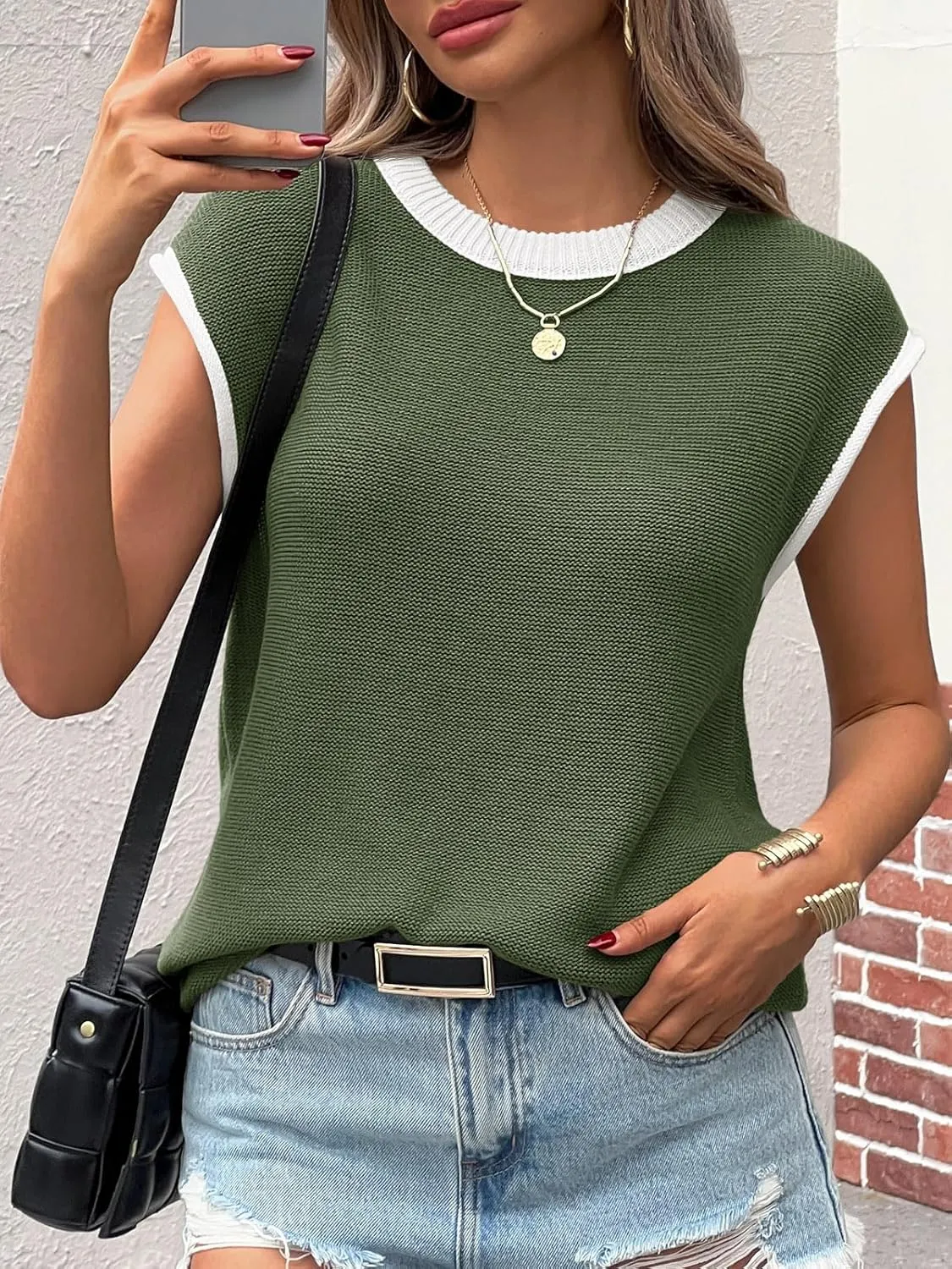 Saodimallsu Womens Summer Cap Sleeve Knit Tops Casual Sleeveless Sweater Vest Crew Neck Color Block 2025 Trendy Tank Top