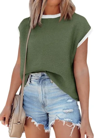 Saodimallsu Womens Summer Cap Sleeve Knit Tops Casual Sleeveless Sweater Vest Crew Neck Color Block 2025 Trendy Tank Top