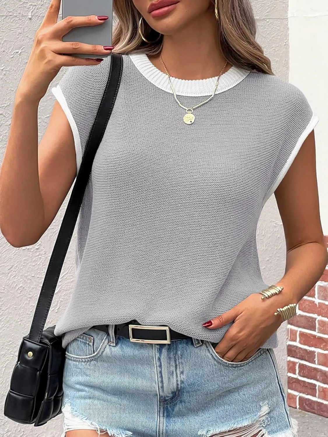 Saodimallsu Womens Summer Cap Sleeve Knit Tops Casual Sleeveless Sweater Vest Crew Neck Color Block 2025 Trendy Tank Top