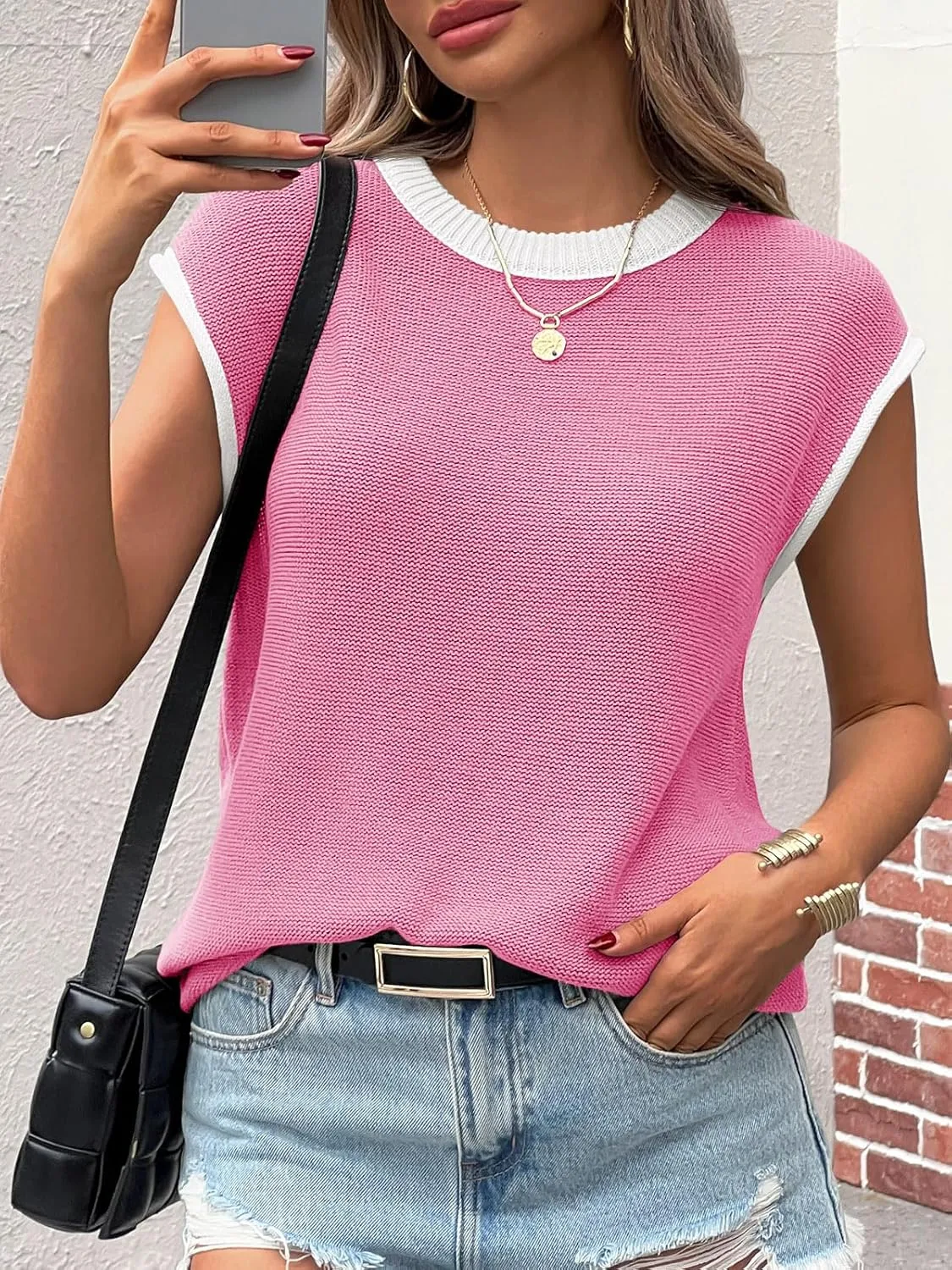 Saodimallsu Womens Summer Cap Sleeve Knit Tops Casual Sleeveless Sweater Vest Crew Neck Color Block 2025 Trendy Tank Top