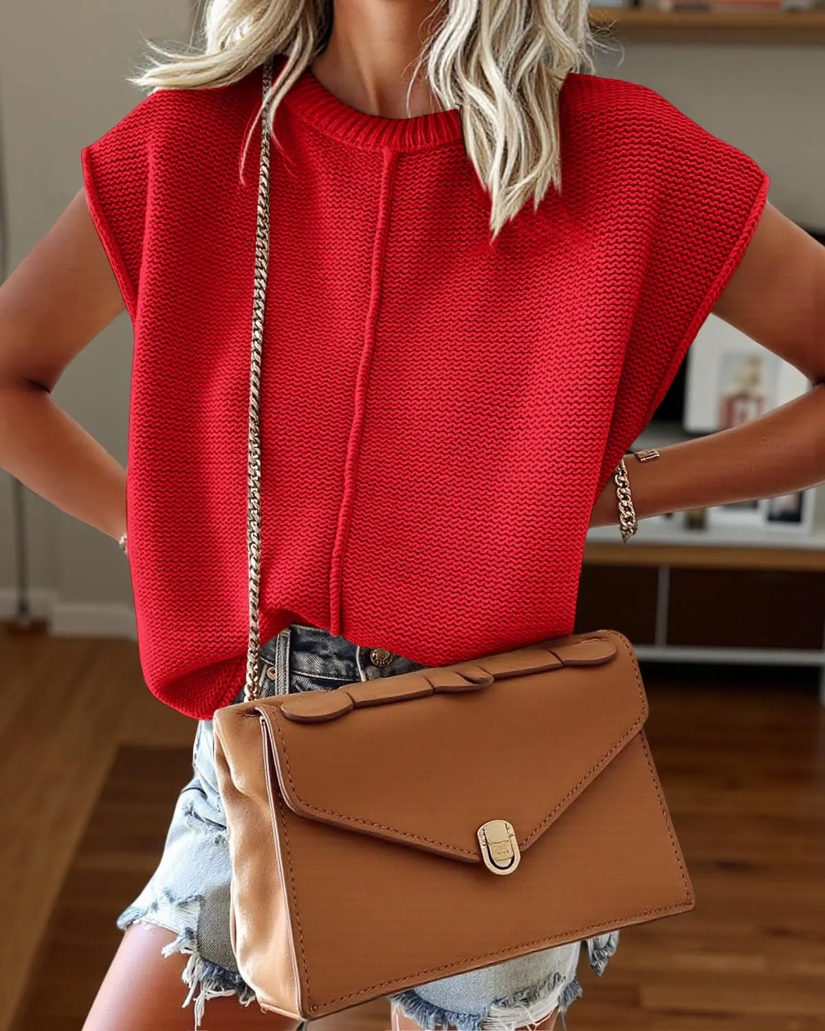 Saodimallsu Womens Summer Cap Sleeve Tops Casual Crew Neck Loose Fit Knit Lightweight Sweater Pullover Top