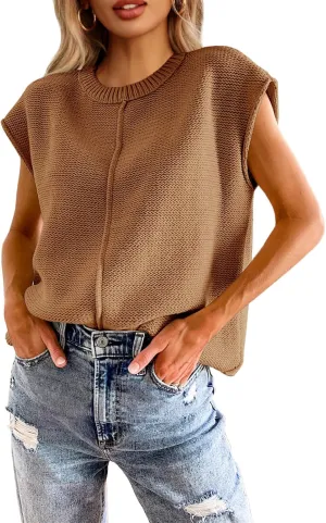 Saodimallsu Womens Summer Cap Sleeve Tops Casual Crew Neck Loose Fit Knit Lightweight Sweater Pullover Top