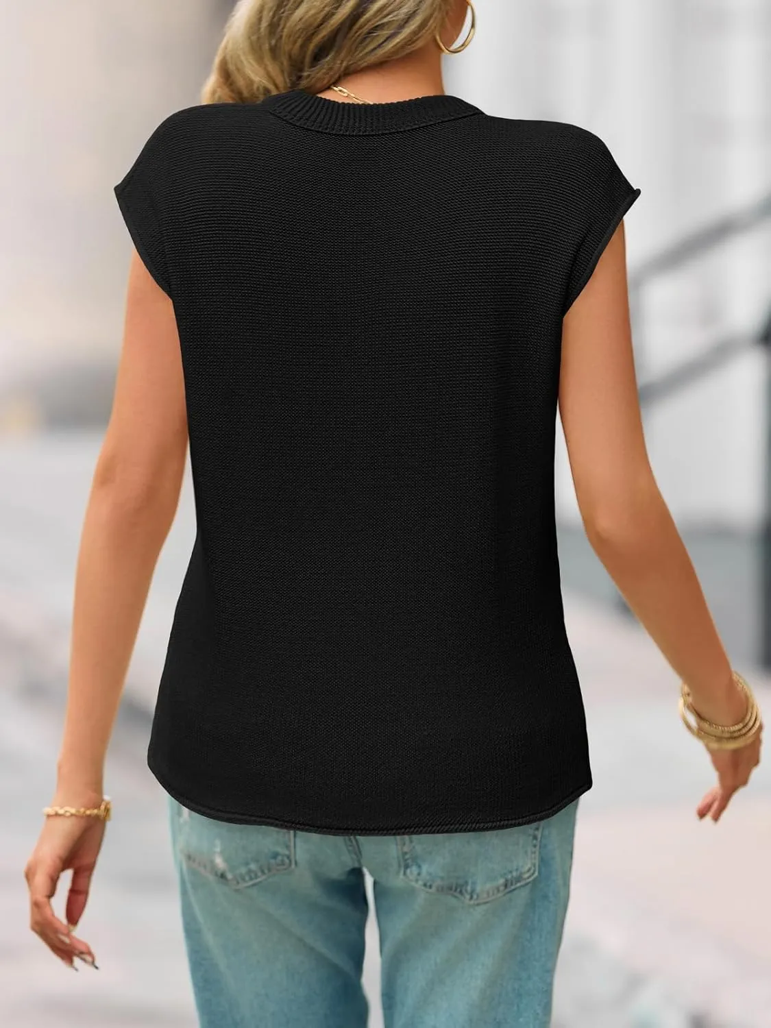 Saodimallsu Womens Summer Cap Sleeve Tops V Neck Casual Loose Fit Knit Lightweight Going Out Sweater Pullover Top
