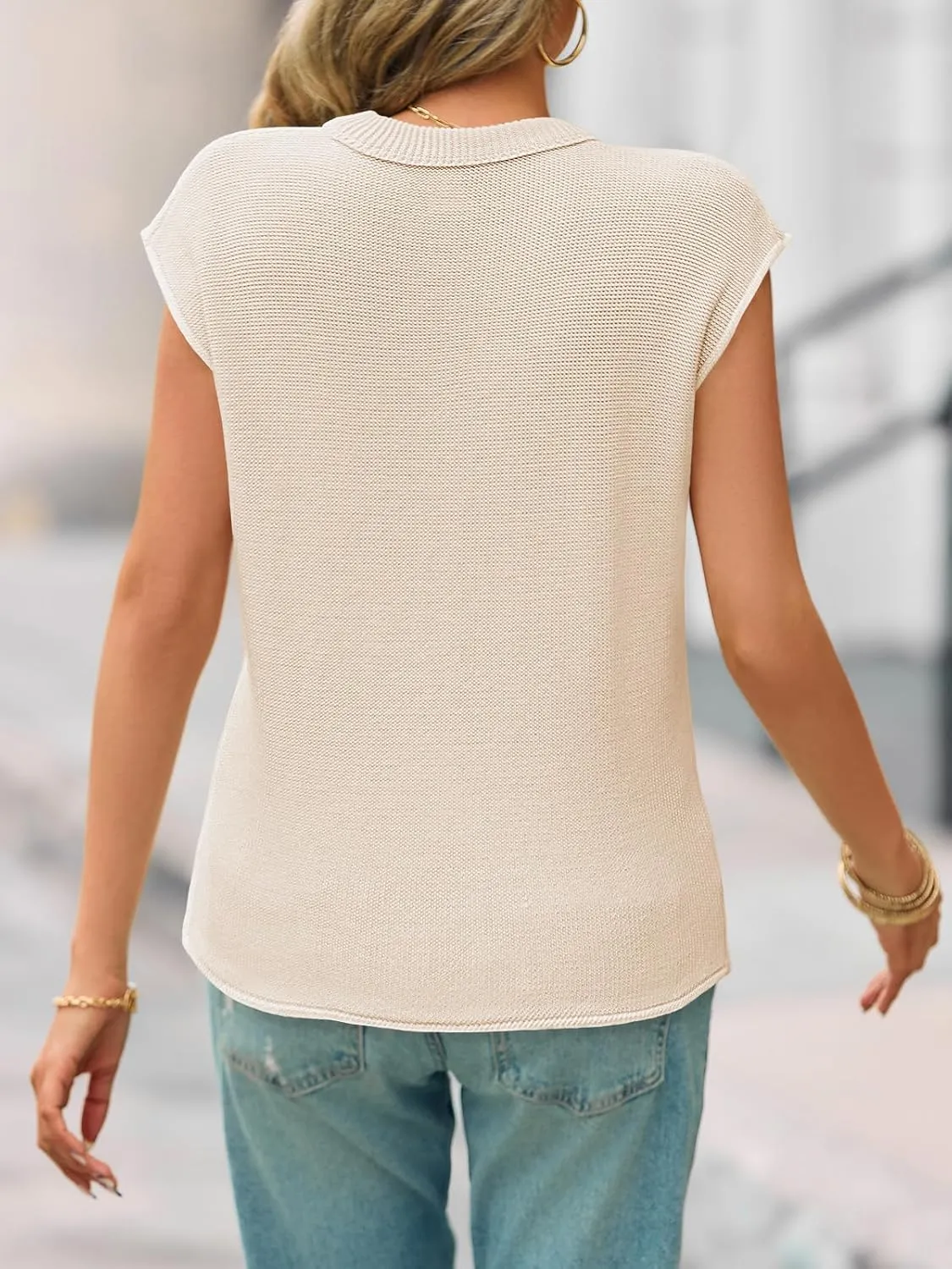 Saodimallsu Womens Summer Cap Sleeve Tops V Neck Casual Loose Fit Knit Lightweight Going Out Sweater Pullover Top