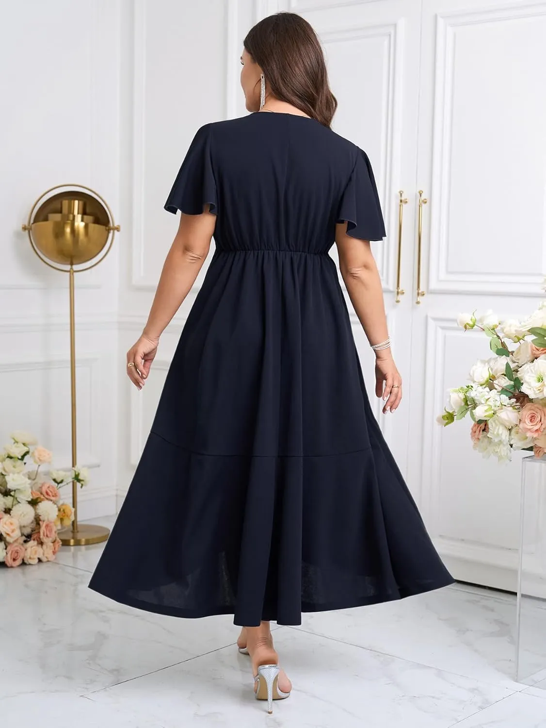 SCOMCHIC Plus Size Formal Dresses for Women Wedding Guest V Neck Wrap Ruffle Split Cocktail Party Evening Gowns Dress