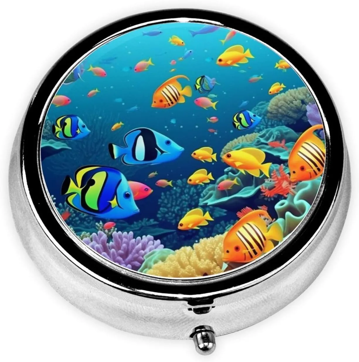 Sea Fishes Pill Box Round Pill Case for Pocket Purse 3 Compartment Medicine Pill Organizer Cute Portable Travel Pillbox Vitamin Cod Liver Oil Storage Box Unique Gift Organizer