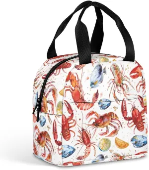 Seafood Watercolor Funny Reusable Lunch Bag Insulated Tote Box Cooler Food Handbags Case For Women Men 8.5 X 8 X 5 Inches