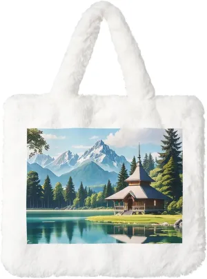 Serene Sanctuary Printed Plush Handbag, White Soft Faux Rabbit Fur Shoulder Bag for Women, Suitable for Autumn and Winter