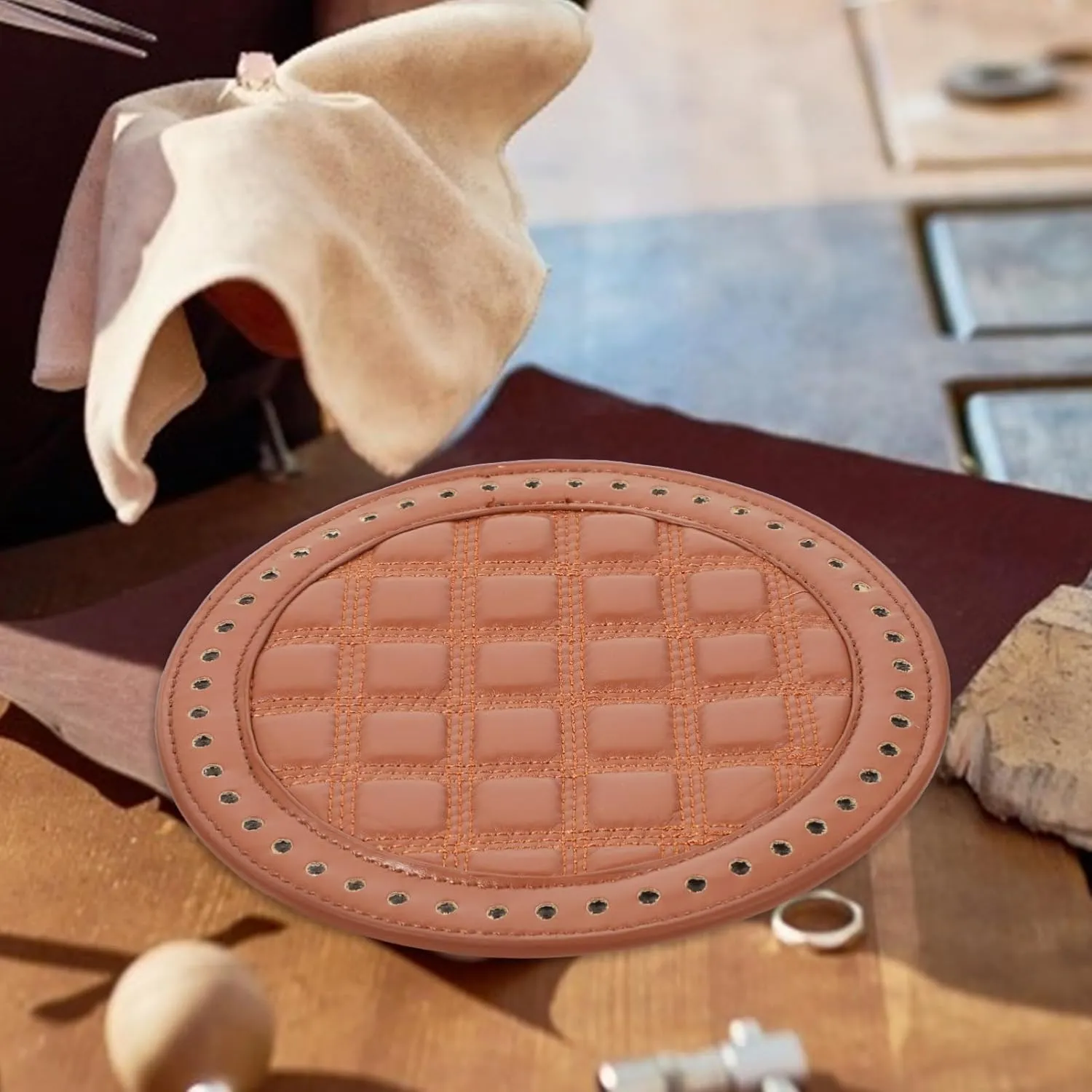 SEWACC 1PC Round Plate Sturdy Artificial Leather Bottom Shaper Pad for Crochet Handbags Durable DIY Bag Making Accessory Brown
