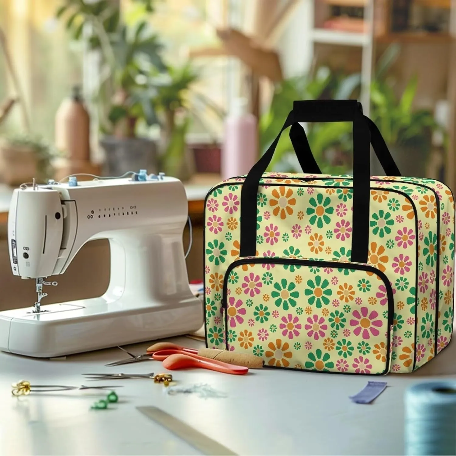 Sewing Machine Carrier Large Capacity Household Sewing Machine Handbags Travel Storage Bag Storage Dust Cover with Pockets for Sewing Machine (Bag Only), Abstract Hippie Flowers