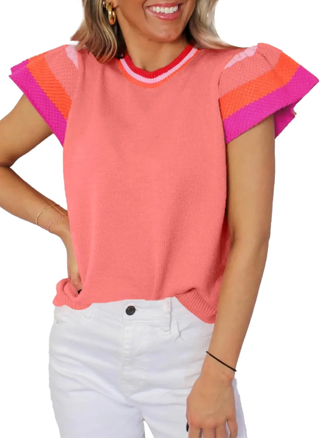 SHEWIN Womens Summer Cap Sleeve Tops Casual Crewneck Loose Fit Knit Lightweight Sweater Pullover Top