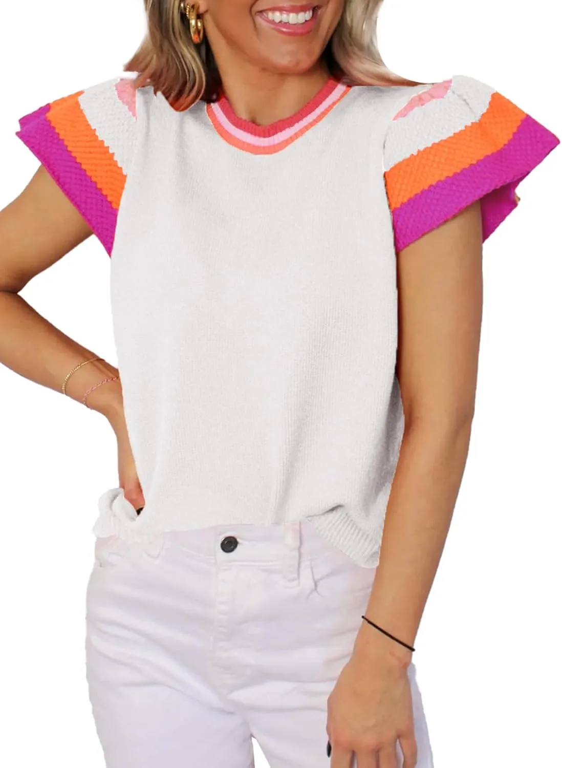 SHEWIN Womens Summer Cap Sleeve Tops Casual Crewneck Loose Fit Knit Lightweight Sweater Pullover Top