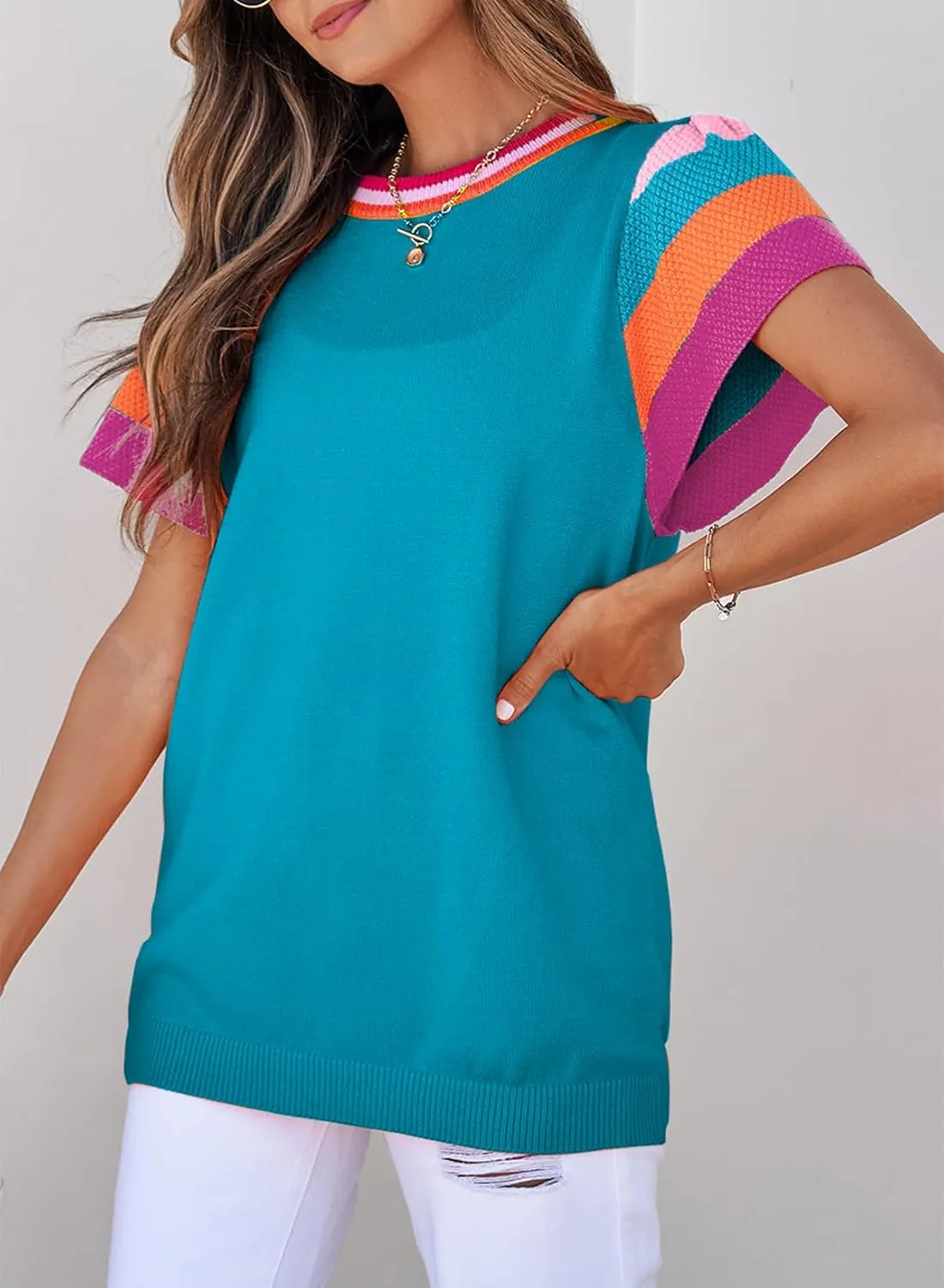 SHEWIN Womens Summer Cap Sleeve Tops Casual Crewneck Loose Fit Knit Lightweight Sweater Pullover Top