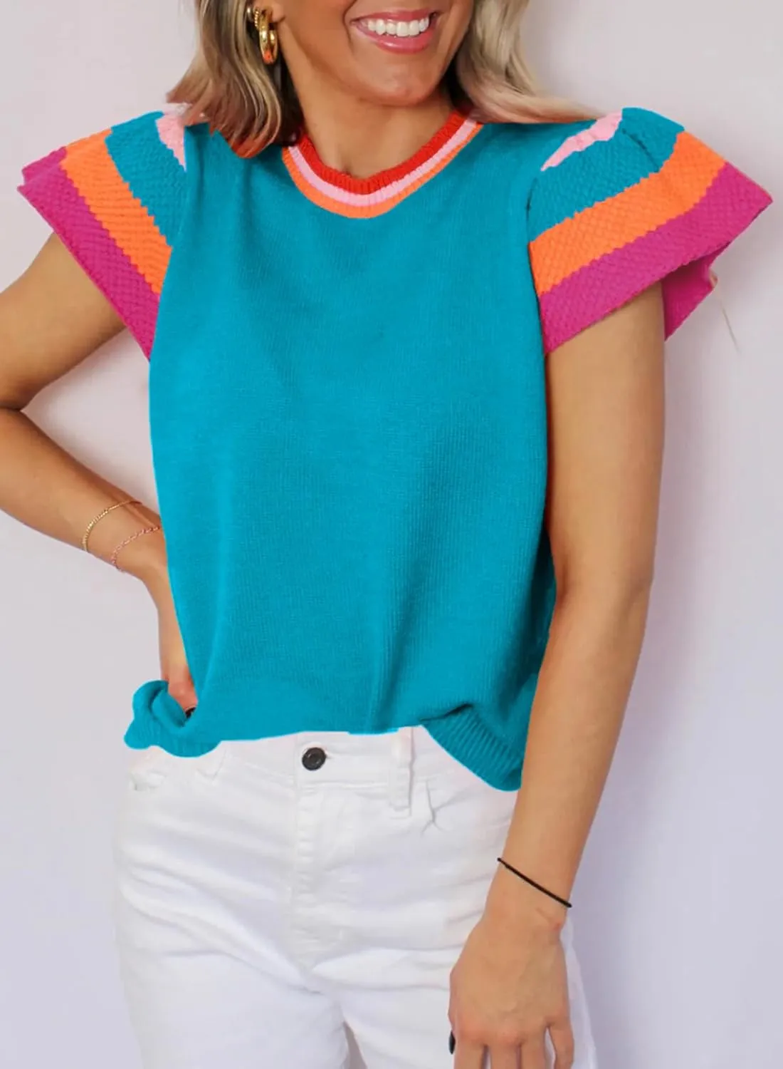 SHEWIN Womens Summer Cap Sleeve Tops Casual Crewneck Loose Fit Knit Lightweight Sweater Pullover Top