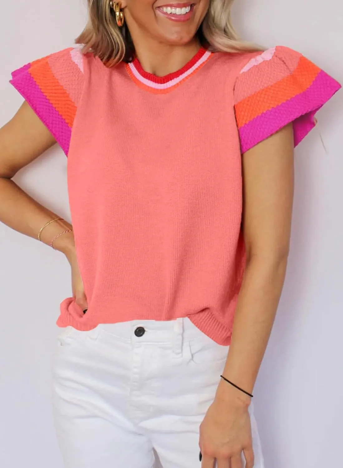 SHEWIN Womens Summer Cap Sleeve Tops Casual Crewneck Loose Fit Knit Lightweight Sweater Pullover Top