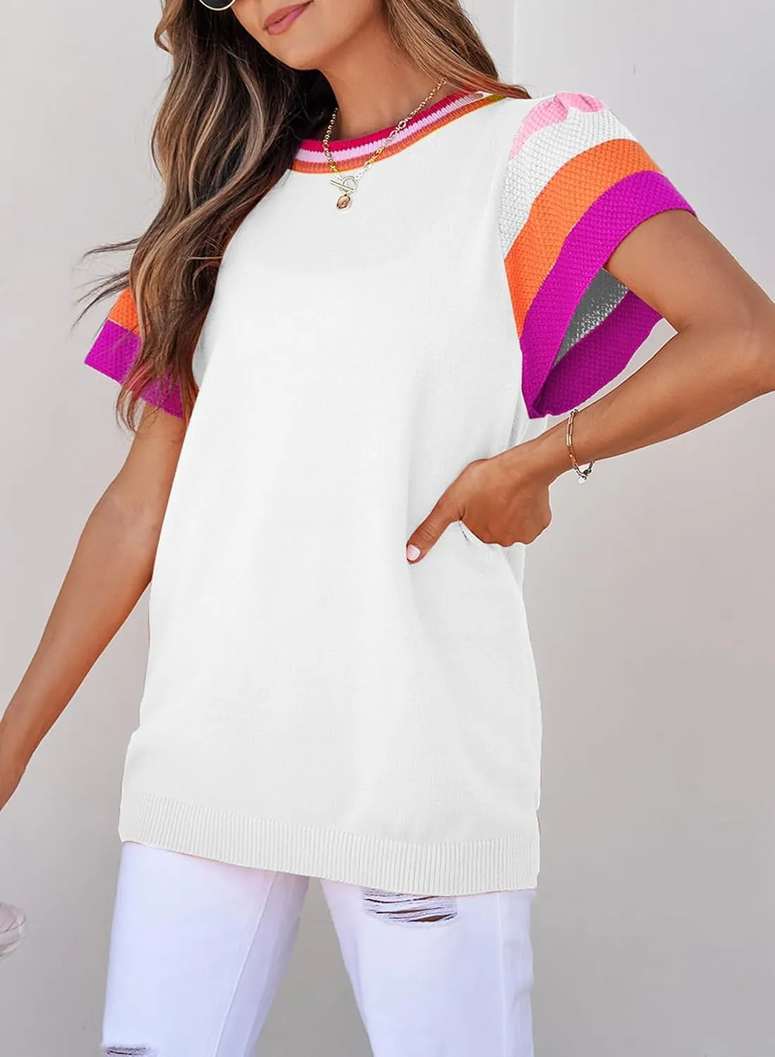 SHEWIN Womens Summer Cap Sleeve Tops Casual Crewneck Loose Fit Knit Lightweight Sweater Pullover Top