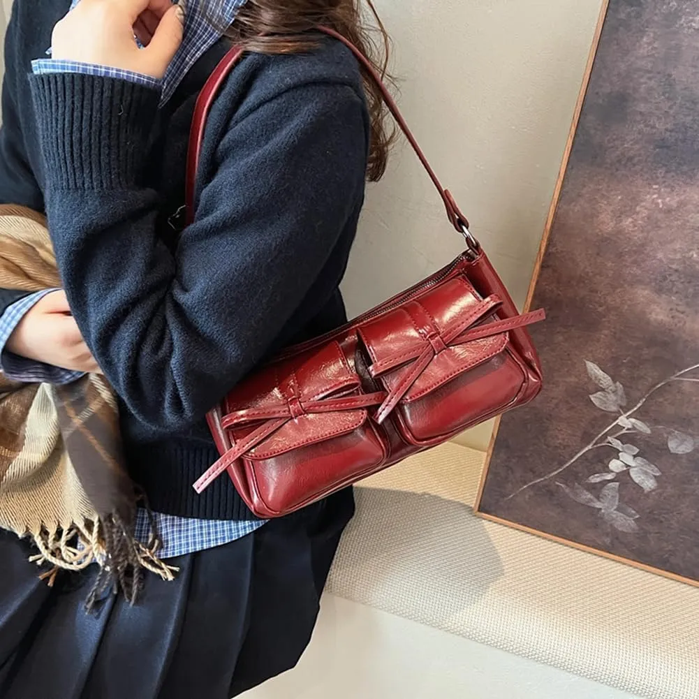 Shoulder Bag for Women Coquette Bow Purse Y2k Hobo Handbag Faux Leather Red Purse Burgundy Crossbody Bag with Zipper