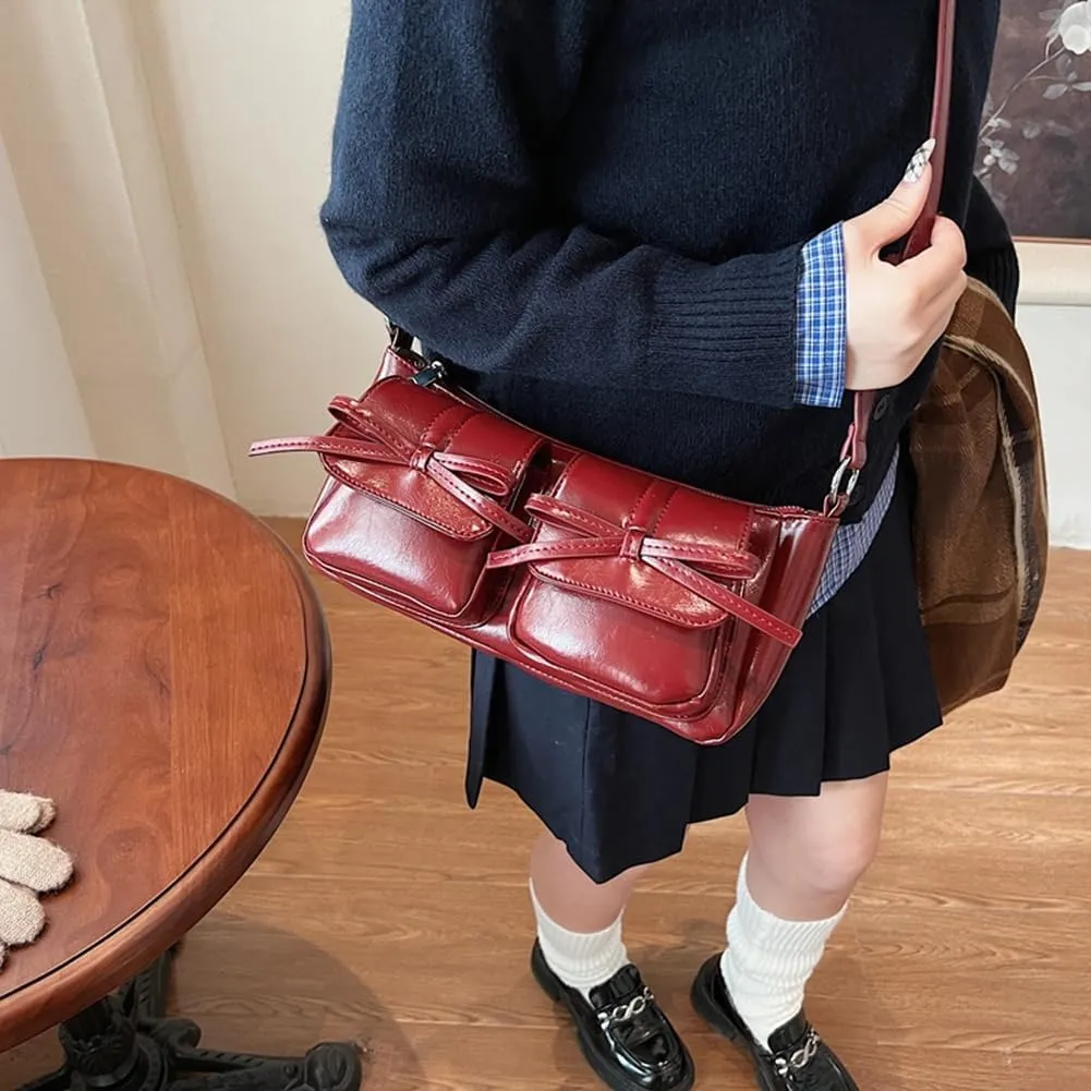 Shoulder Bag for Women Coquette Bow Purse Y2k Hobo Handbag Faux Leather Red Purse Burgundy Crossbody Bag with Zipper