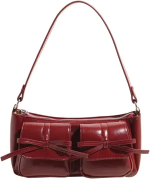 Shoulder Bag for Women Coquette Bow Purse Y2k Hobo Handbag Faux Leather Red Purse Burgundy Crossbody Bag with Zipper