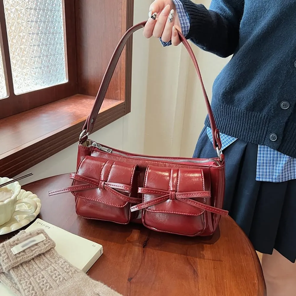 Shoulder Bag for Women Coquette Bow Purse Y2k Hobo Handbag Faux Leather Red Purse Burgundy Crossbody Bag with Zipper
