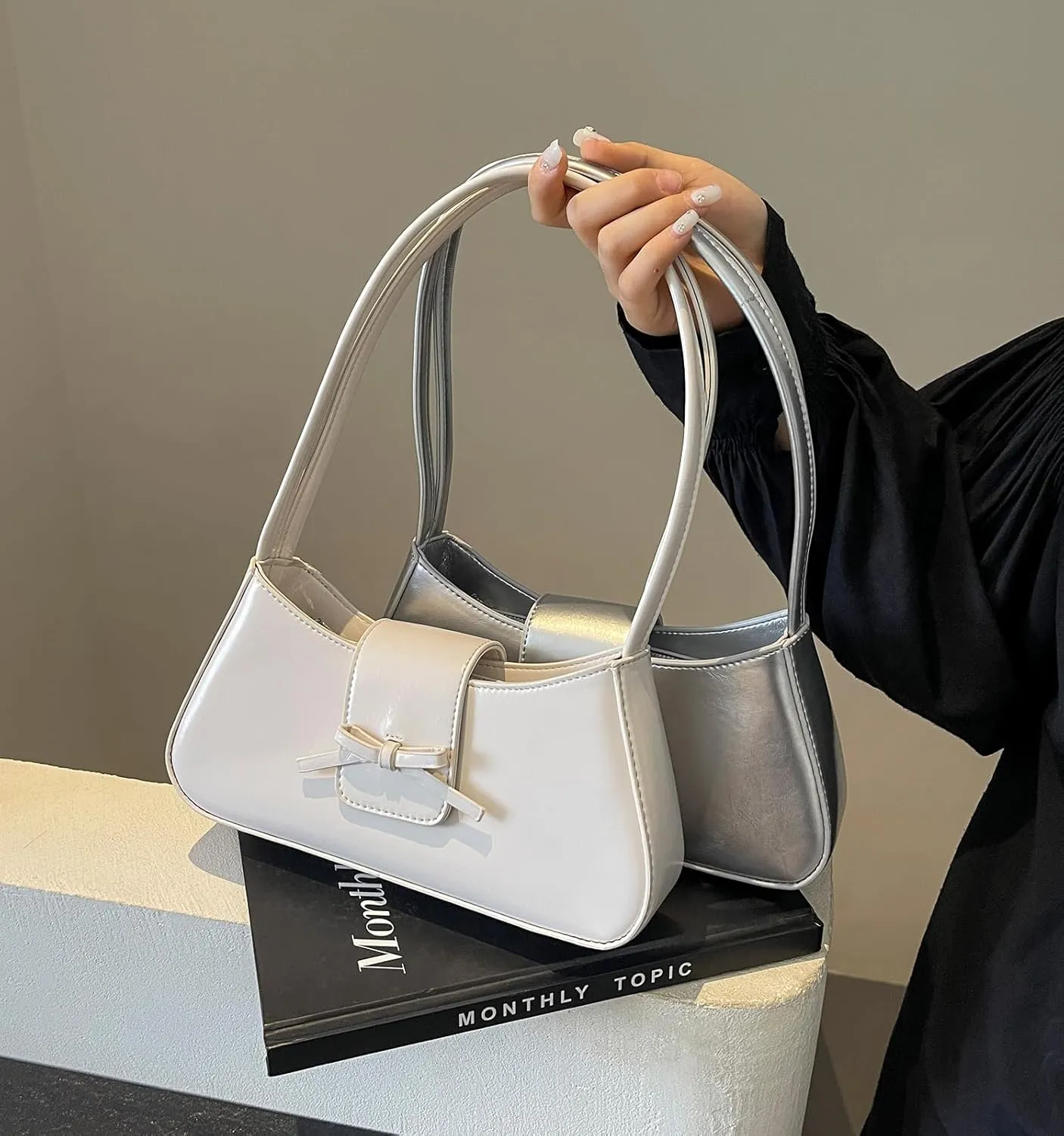 Shoulder Bag for Women, Hobo Handbags Trendy Y2K Purses Patent Leather Clutch Bag Cute Bow Purse
