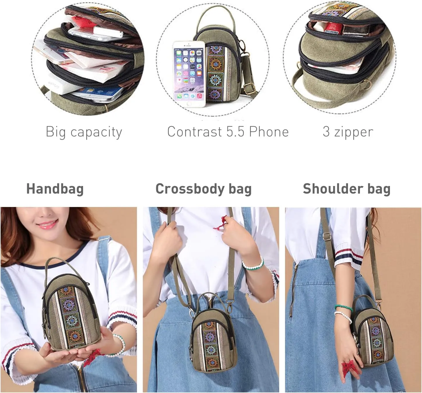 SILKAREA Canvas Small Crossbody Bag Cell Phone Purse for Women Embroidered Shoulder Bag Handbags Wallet Bag Pouch