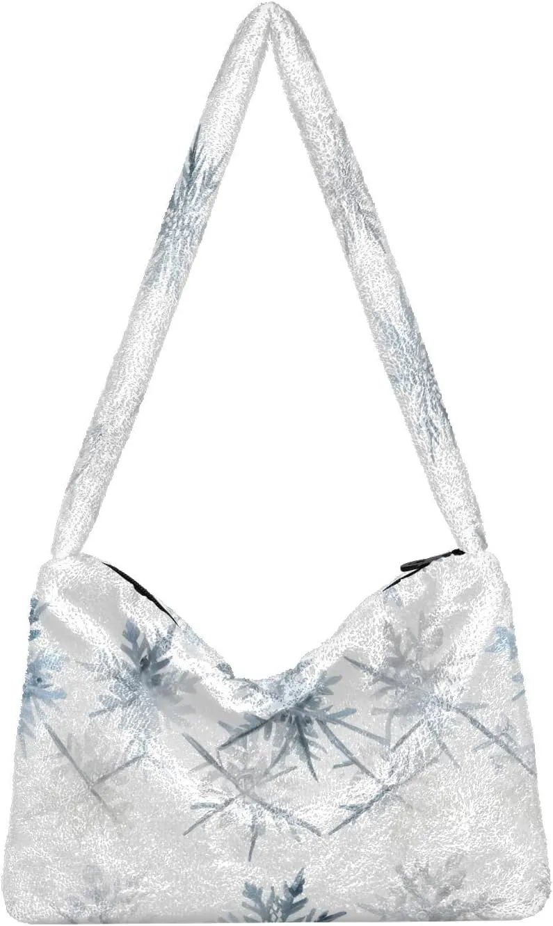 Silver Snowflakes Plush Underarm Bag Women's Tote Handbags Fluffy Shoulder Bag for Autumn and Winter