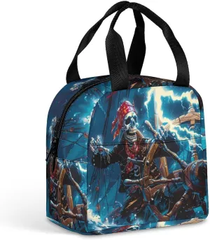 Skeleton Pirate Ocean Storm Funny Reusable Lunch Bag Insulated Tote Box Cooler Food Handbags Case For Women Men 8.5 X 8 X 5 Inches
