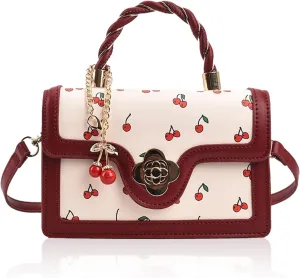 Small Chic Cherry Crossbody Bag for Women - PU Leather Cherry Shoulder Bag with Pendant - Aesthetic Handbag for Everyday Use