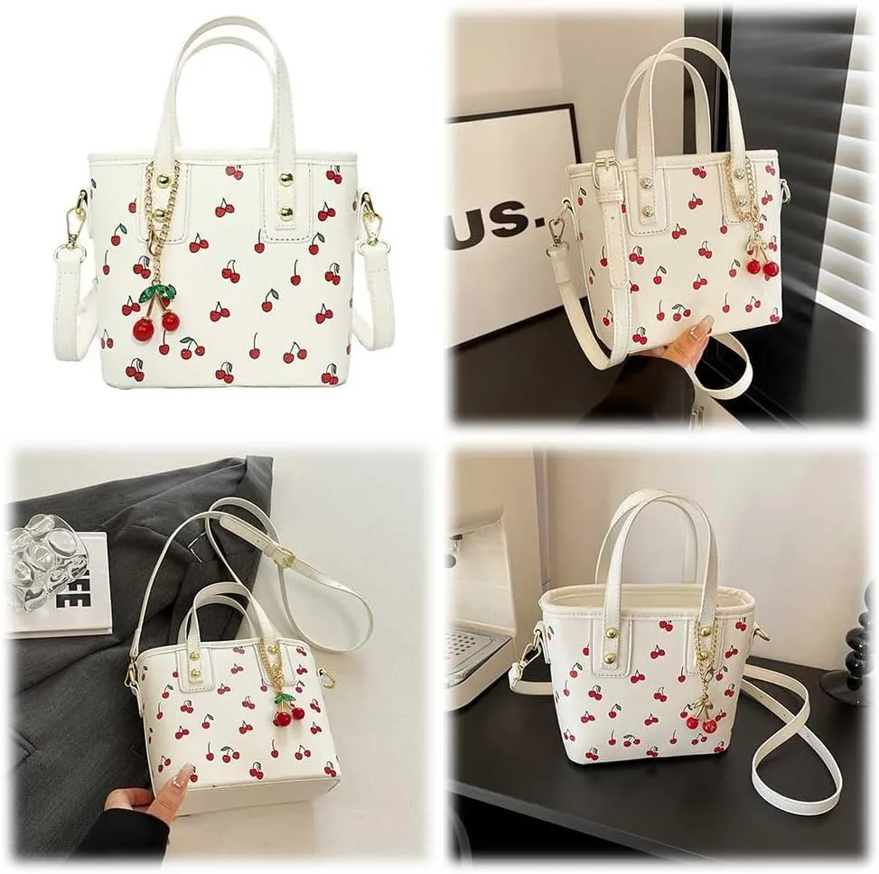Small Chic Cherry Crossbody Bag for Women - PU Leather Cherry Shoulder Bag with Pendant - Aesthetic Handbag for Everyday Use
