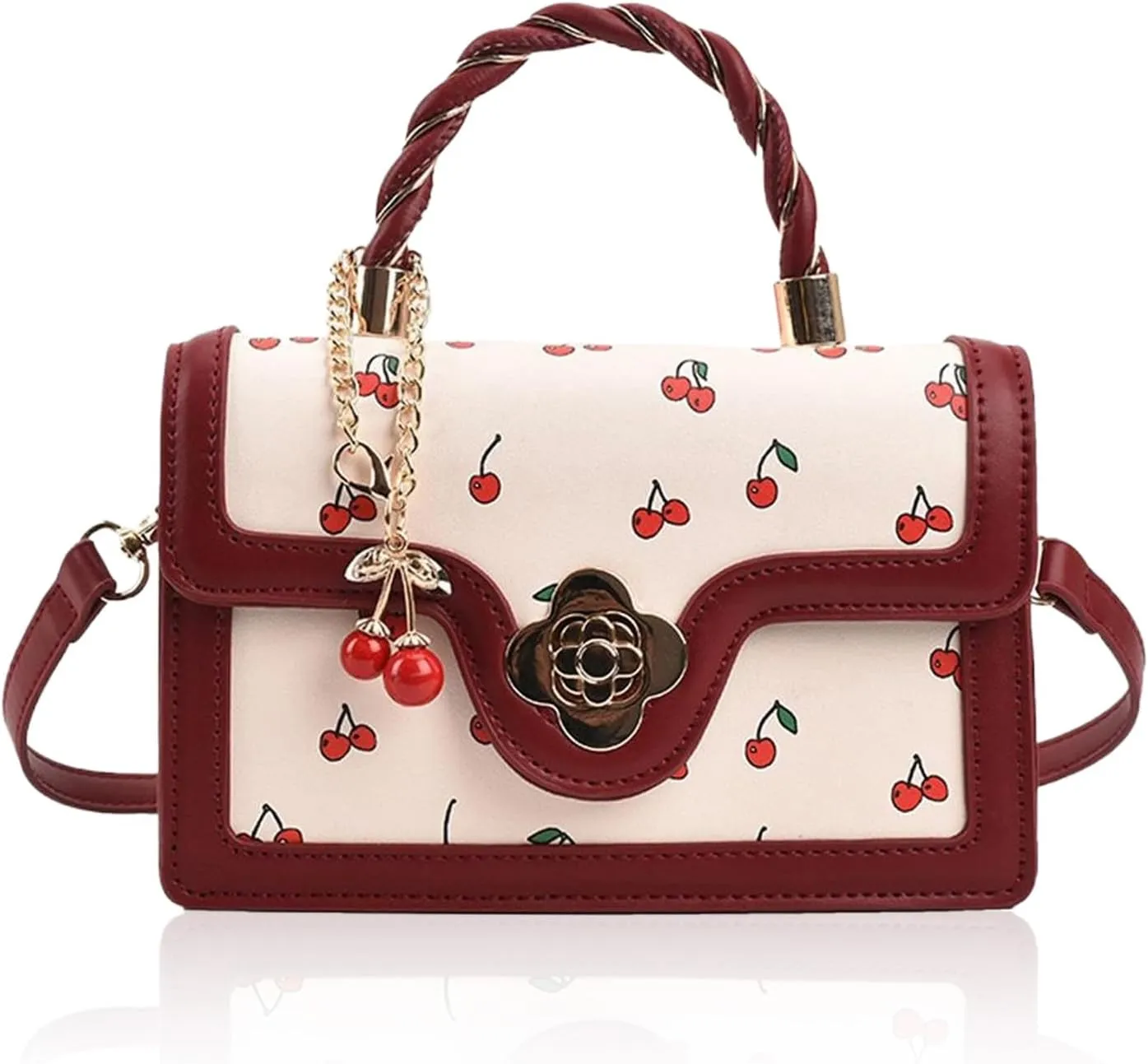 Small Chic Cherry Crossbody Bag for Women - PU Leather Cherry Shoulder Bag with Pendant - Aesthetic Handbag for Everyday Use