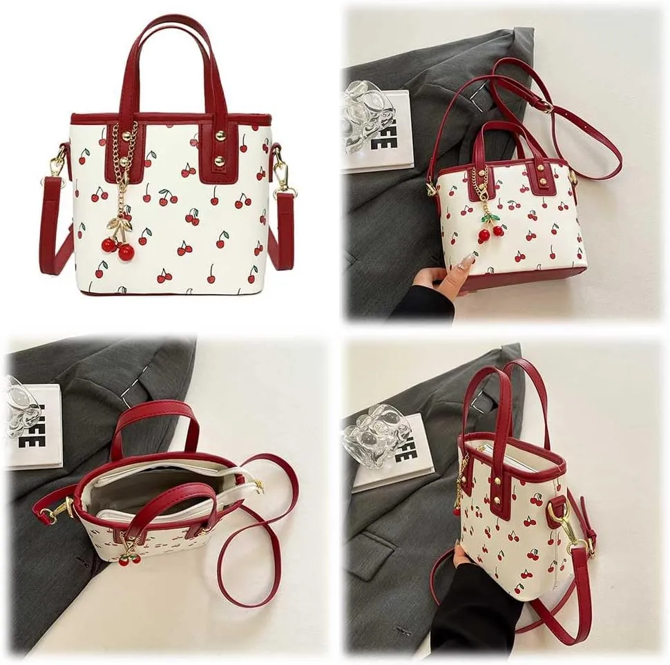 Small Chic Cherry Crossbody Bag for Women - PU Leather Cherry Shoulder Bag with Pendant - Aesthetic Handbag for Everyday Use