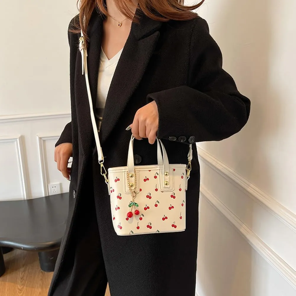 Small Chic Cherry Crossbody Bag for Women - PU Leather Cherry Shoulder Bag with Pendant - Aesthetic Handbag for Everyday Use