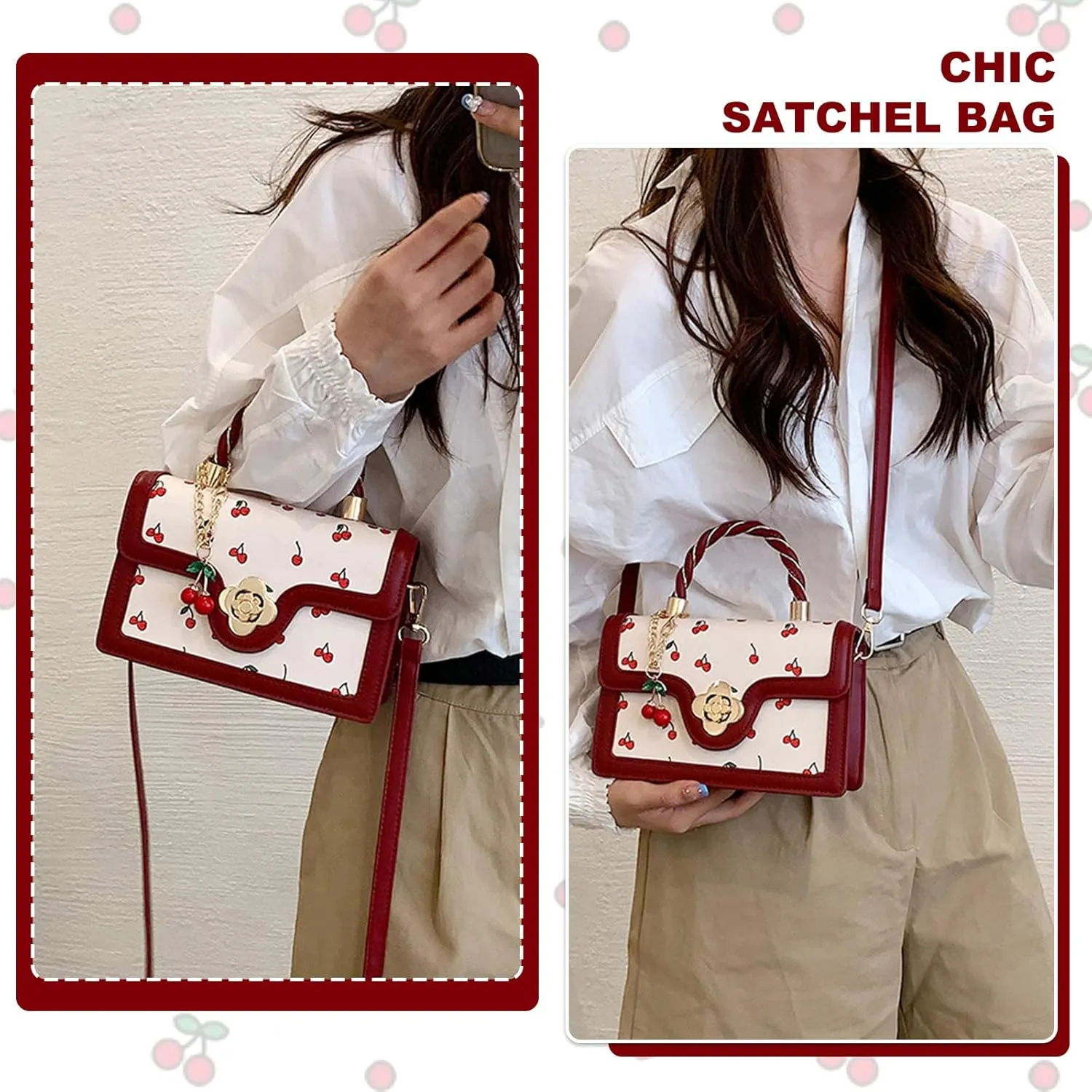 Small Chic Cherry Crossbody Bag for Women - PU Leather Cherry Shoulder Bag with Pendant - Aesthetic Handbag for Everyday Use