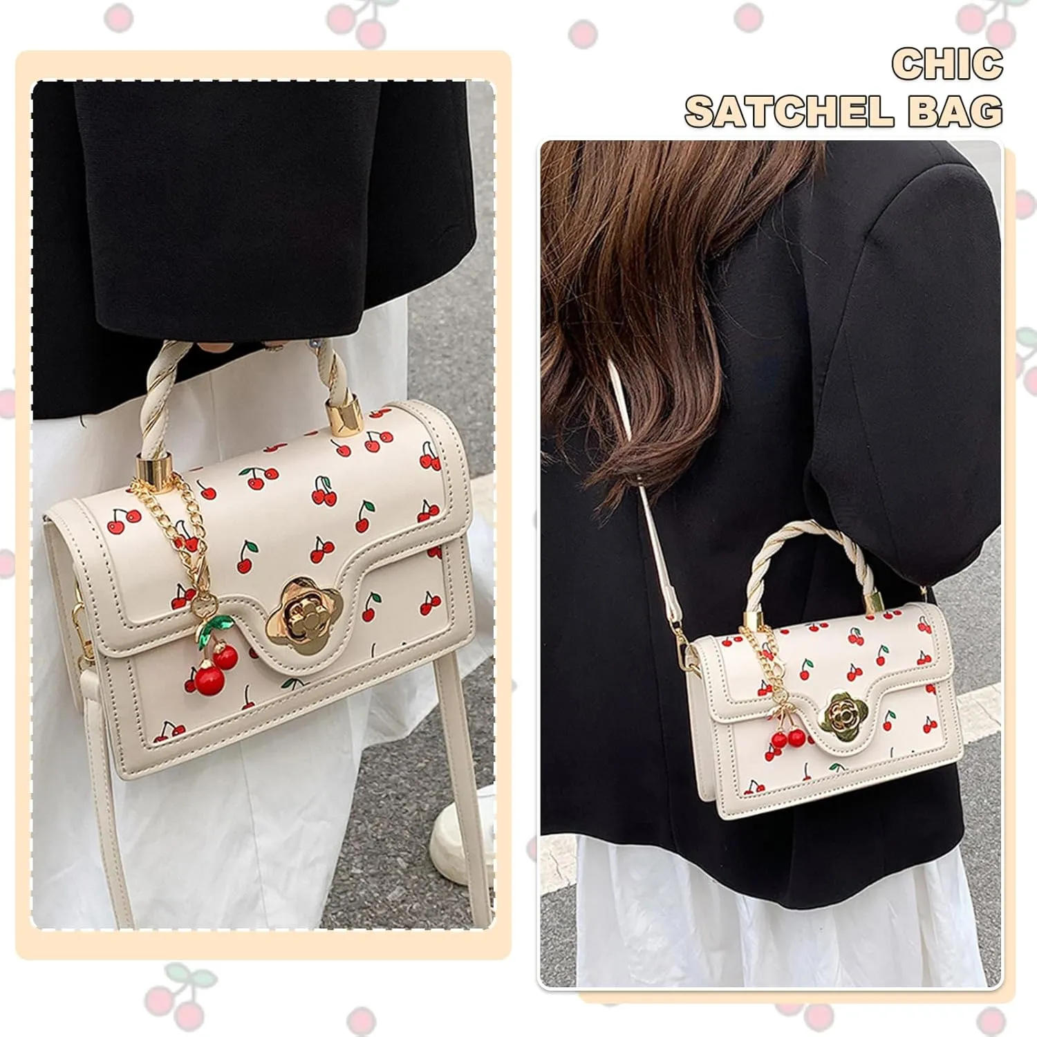 Small Chic Cherry Crossbody Bag for Women - PU Leather Cherry Shoulder Bag with Pendant - Aesthetic Handbag for Everyday Use